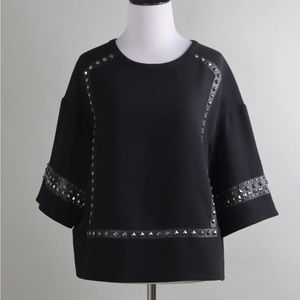 BcbgMaxAzria Vegan Leather Trim Studded Crepe Top